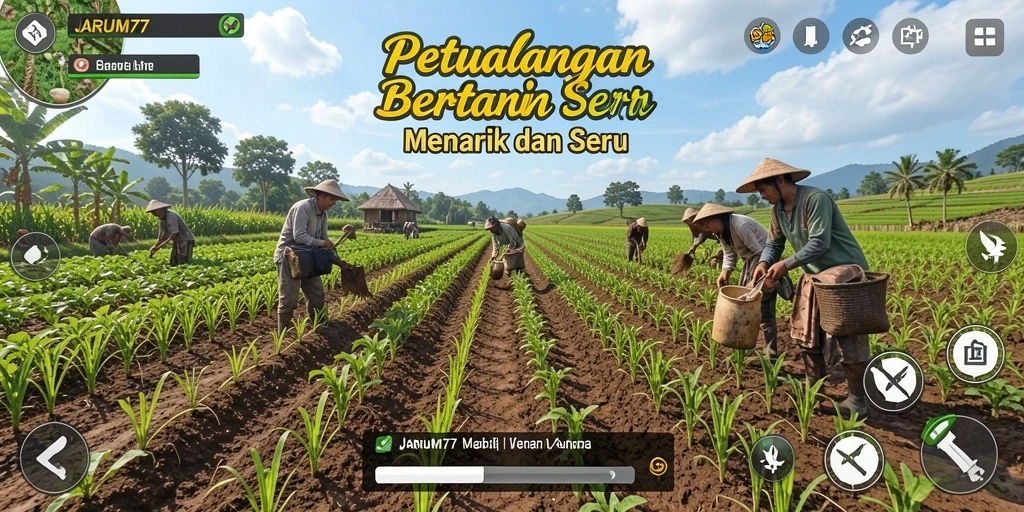 Tangkapan layar gameplay JARUM77 dengan kebun yang indah dan interaksi sosial.
