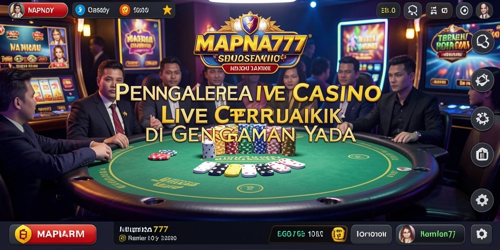 Screenshot gameplay MAPNA777 menampilkan dealer langsung dan suasana kasino yang menarik.