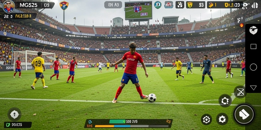 Screenshot MG525 menampilkan aksi seru di lapangan sepak bola.