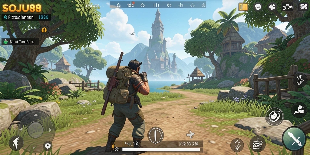 Screenshot menunjukkan pemain menjelajahi dunia terbuka yang indah di SOJU88.